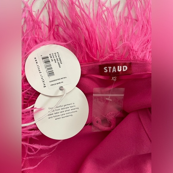 STAUD Etta Dress Feather Trim Stretch Knit Mini Bright Pink Party Festival XS - Picture 2 of 13